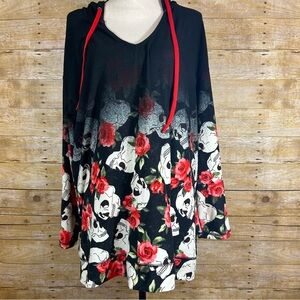 LulaRoe Eliza Hoodie Shirt Top Fright Club Skulls Roses 2XL Stretch Halloween
